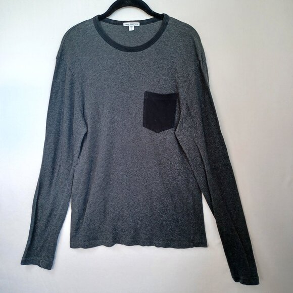 James Perse Standard Pocket Tee Long Sleeve Gray Black Contrast Mens 1 or Small - Picture 2 of 8